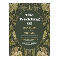 the wedding of alexandria and michael, written in green with gold trimming on an ornate background