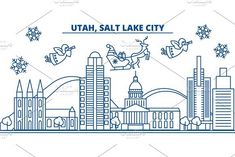 the utah salt lake city skyline with santa clause flying over it and snowflakes