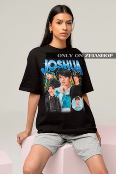 "Seventeen Joshua Retro 90s T-shirt - Seventeen Kpop Tee - Kpop Merch - Kpop Gift for her or him - Seventeen Carart Tee - Bootleg Tee This is our unisex shirt, and it's true to size. To get the oversized look, you have to choose +1 or +2 of your original size number. If you're not sure about your size, you can refer to our size chart. Reach out if you have any issues with your order! The unisex heavy cotton tee is the basic staple of any wardrobe. It is the foundation upon which casual fashion grows. The specially spun fibers provide a smooth surface for premium printing vividity and sharpness. No side seams mean there are no itchy interruptions under the arms. The shoulders have tape for improved durability. .: 100% cotton (fiber content may vary for different colors) .: Medium fabric (5. Black Kpop T-shirt With Graphic Design, Black Y2k T-shirt With Custom Print, Black Kpop Crew Neck T-shirt, Kpop Crew Neck T-shirt For Streetwear, Y2k Black Custom Print T-shirt, Black Y2k Custom Print T-shirt, Y2k Style Black T-shirt With Custom Print, Kpop Style Screen Print Short Sleeve T-shirt, Kpop Style Short Sleeve T-shirt With Screen Print