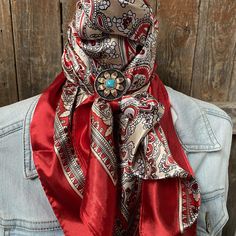 Our classic paisley wild rag/scarf with mixes of red, grey, and white (WR2141) with 1.5" Copper Sunflower Western Concho Slide. A perfect square - measuring 35"x35". Adding that extra touch of a western style to your outfit. 100% soft silk feeling polyester is durable to keep you warm in the cold and fashionable for any occasion. Plus it's machine washable ! Rodeo Events, Perfect Squares, Wild Rag, Rodeo, Western Fashion, Scarf Wrap, Grey And White, Scarf Accessory, Night Out