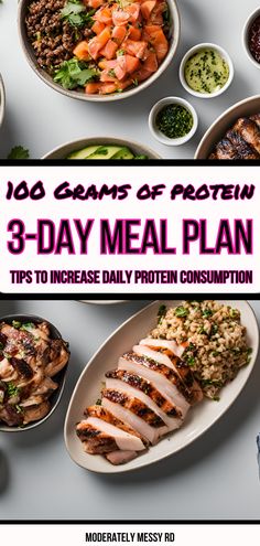 Looking to consume a higher protein diet? This post includes a 3-day 100 grams of protein meal plan with protein breakdown for each food to help you build meals higher in protein. Plus, tips and ideas to increase overall protein intake without just increasing the portion size of animal protein sources. 200 G Protein Diet, 100 G Of Protein A Day, 100 Grams Of Protein A Day Meal Plan, 100 Grams Of Protein A Day, Protein Diet Plan For Women, 100 Grams Of Protein, Protein A Day, Protein Options