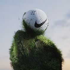 a soccer ball sitting on top of a green grass covered field with the sky in the background