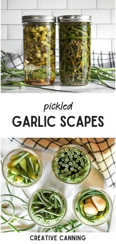 three jars filled with pickled garlic and green beans