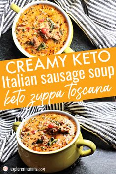 creamy keto italian sausage soup in two bowls