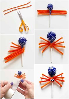 the instructions for how to make an octopus lollipop with orange and blue candies