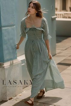 Lasaky - Ruffle Square Neck Smocked Midi Dress with Polka Dots Cotton Boho Dress, Midi Dress Work, Flowy Dress Long, Dresses Work, French Women Style, Flowy Midi Dress, Plain Jane, Jane Dress, Half Sleeve Dresses