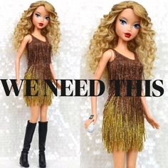 two pictures of a barbie doll with blonde hair wearing a gold dress and black boots