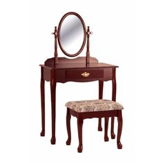 Benzara Vanity Table And Stool Set With Oval Mirror Brown Vanity, Wood Makeup Vanity, Tabletop Vanity Mirror, Bedroom Makeup Vanity, Mirror Stool, Cherry Brown, Wooden Vanity, Vanity Set With Mirror, Upholstered Stool