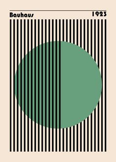 a black and white striped poster with a green circle in the center on a beige background