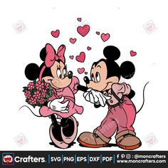 mickey and minnie kissing each other with hearts flying above them in the air behind them