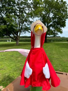 a stuffed bird wearing a red cape on top of a table in a park area