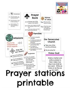 prayer stations with the words prayer stations and their meaningss in black, white and pink