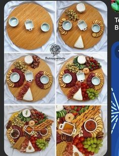 four pictures show different types of cheeses and meats on a wooden platter