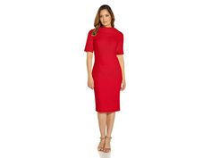 Adrianna Papell Roll Neck Sheath Collar Dress w/ V-Back - Women's Dress : Red : Showcase your fashion-forward style in the Adrianna Papell dress featuring a sheath silhouette and a lined stretch-poly fabrication. Fitted dress boasts a rolled collar, V-shaped back, and short sleeves. Concealed zipper back closure. Straight hemline falls at an elegant length. 95% polyester, 5% elastane. Lining: 100% polyester. Dry clean only. Imported. Measurements: Length: 41 in Product measurements were taken us Short Sleeve Stretch Midi Dress For Workwear, Stretch Midi Dress With Short Sleeves For Work, Short Sleeve Bodycon Midi Dress For Office, Bodycon Short Sleeve Midi Dress For Office, Bodycon Midi Dress With Short Sleeves For Office, Office Bodycon Midi Dress With Short Sleeves, Stretch Bodycon Dress With Short Sleeves For Work, Workwear Stretch Bodycon Dress With Short Sleeves, Sheath Short Sleeve Dress For Work