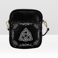 "► ABOUT THIS PURSE Colors: Black, white Design: Triquetra, stars, scrollwork Inspired by the Book of Shadows or Wicca spellbook designs. The triquetra is a triangular figure composed of three interlaced arcs, or (equivalently) three overlapping vesicae piscis lens shapes. \"Tri\" meaning 3, and \"Quetra\" describing the shape of each of the 3 pieces of the design. The triquetra, also known as a \"trinity knot\", is often found as a design element is popular Irish jewelry. Some believe the 3 que Black Shoulder Phone Bag As Gift, Black Shoulder Bag Phone Bag As Gift, Black Shoulder Phone Bag For Gift, Spellbook Designs, Black Pouch Phone Bag As Gift, Black Pouch Phone Bag Gift, Small Sling Bags, Leather Goth, Goth Purse