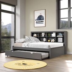 Donco Full Bookcase Day Bed In Dark Grey W/ Twin Trundle 1733-FDG_503-DG - Bedroom Depot USA Bed Bookcase, Full Bed With Trundle, Trundle Bed Kids, Kids Daybed, Built In Bookshelves, Full Daybed, Full Size Daybed, Solid Wood Bunk Beds, Murphy Bed Desk