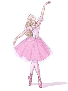 a drawing of a ballerina in pink dress and ballet shoes with her arms outstretched