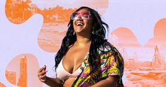 a woman with large breast wearing sunglasses and standing in front of a colorful background,