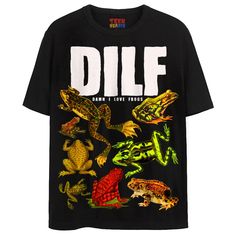 D.I.L.F. ( Damn I Love Frogs tee ) Funny Graphic tees are the best!  2 COLOR OPTIONS WHITE + BLACK NOTE: Garments are true to size with any band style tee. All of our models are wearing a size LARGE for the oversized look. We recommend sizing up if you like that fit.  • 5.2oz (176g) Preshrunk Jersey• Short Set-In Sleev Protruding Eyes, Man I Love Frogs, Heart Tshirt, Stay Weird, Funny Graphic Tees, Funny Graphics, Clothing Co, Funny Tees