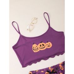 Whether you're going to a party in your pajamas or just want to relax at home, this Pumpkin Print Camisole And Short Set will help you unwind throughout the day and into the night. The fabric is soft, lightweight, breathable, and comfortable, allowing you to unwind while you sleep. This loungewear available at Comfy Pajama is all you need to relax at home. They are soft and easy to touch which projects versatility and effortless grace in every step you take. Made to make you feel good, each of our nightwear expresses our love for self-care, practicality, and a dash of flirty fun. Pattern Type: Print Collar: Spaghetti Strap Length: Shorts Sleeve Length(cm): Sleeveless Season: Autumn Material Composition: polyester Item Type: Pajamas Seamless Cotton Tops For Lounging, Cute Cotton Tops For Lounging, Summer Purple Cotton Sleepwear, Summer Cotton Tank Top For Lounging, Cotton Tank Top For Summer Lounging, Casual Tank Top For Sleepovers, Casual Sleeveless Top For Pajama Party, Casual Sleeveless Camisole For Bedtime, Cute Camisole Tank Top For Loungewear