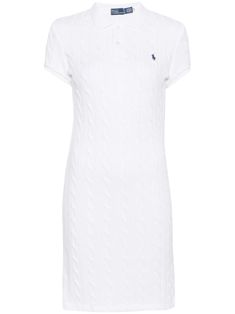 white cotton knitted construction cable knit polo collar signature Polo Pony motif short sleeves ribbed cuffs short side slits straight hem unlined short front button fastening Polo Dress Women, Knit Polo Dress, Polo Pony, Versace Outfit, Paris Woman, Knit Polo, Lauren White, Maxi Dress Cotton, Ralph Lauren Dress