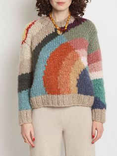 Emilia Multi Knit Landscape, Ganni Knit, Colourful Sweater, Chromatic Color, Suzie Kondi, Knitted Outfits, Sonia Delaunay, Colorwork Knitting, Linen Crop Top