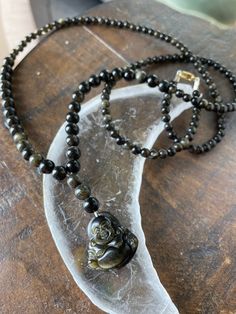 Golden Sheen Obsidian Mala with an adorable Buddha on it. This has amazing sheen & gold throughout the whole necklace. Golden Sheen Obsidian, Confetti Bags, Sheen Obsidian, Black Moonstone, Buddha Beads, Jasper Bracelet, Crystal Chain, Mala Necklace, Ocean Jasper