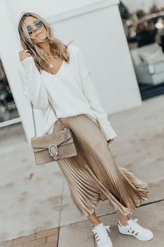 Pleated Skirt Fall, Golden Outfit, White Blouse Top, Gold Skirt