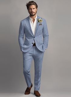 Summer Suits For Men Wedding, Steel Blue Groom Suit, Dusty Blue Mens Suit Wedding, Light Blue Linen Suit Men, Light Blue Mens Wedding Suit, Heather Blue Suit Wedding, Groom Style Summer Wedding, Mens Colored Suits, Dusty Blue Champagne Wedding Color Schemes