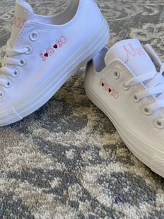 Make your day extra special with these beautiful Embroidered Converse sneaker with your wedding date on the tongue and Bride on the side. Other options are available but you MUST specify if you want something different You can choose either all black or all white, they have NO lines around the sole as others do. I also offer traditional sneaker with the red stripe. You can customize what the tongue says. you can do name or monogram with or without a date. You can even put the date on the side. T Custom White Wedding Sneakers, White Custom Lace-up Sneakers With Embroidered Logo, Custom Low-top Wedding Sneakers, White Wedding Sneakers With Custom Embroidery, White Custom Sneakers With Rhinestones For Wedding, All White Converse, Bling Sneakers, Bride Sneakers, Bling Wedding Shoes