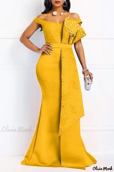 Olivia Mark - Chic Formal Patchwork Backless Off-Shoulder Dress with Beading Detail Chief Bridesmaid Dresses, Long Mermaid Dress, Plus Size Evening Gown, Mustard Dress, Buy Dresses Online, New Years Eve Dresses, Dress Women Elegant, Cream Colour, Women's Evening Dresses