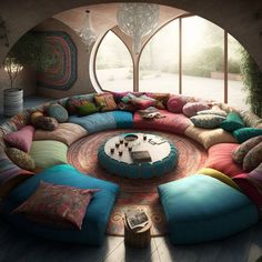 a large circular couch with many pillows on it in front of a round table and windows