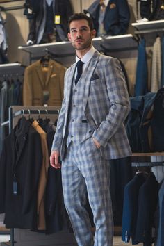 MEN'S 3 PIECE GREY BLUE CHECKED SUIT Office Attire Men, Plaid Suit For Men, Grey Check Suit, Grey Suit, Plaid Suit, Prom Suits, Gray Suit