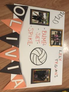 a volleyball themed bulletin board with pictures and words written on the front, along with other decorations