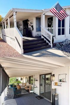 before and after photos of a home with white siding, black doors, and an american flag on the front porch