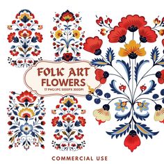 an image of folk art flowers in different colors and designs on white background with text