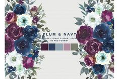 an image of plum and navy flowers on a white background with color swatches in the bottom corner