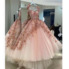 Pink Floral Applique Ball Gown For Prom, Pink Ball Gown For Quinceanera Spring, Spring Pink Ball Gown For Quinceanera, Pink Ball Gown For Quinceanera Spring Season, Pink Floral Print Dress For Banquet, Pink Floral Applique Dress For Banquet, Pink Ball Gown With Floral Applique, Pink Bridesmaid Dress With Floral Applique, Pink Floral Applique Bridesmaid Dress