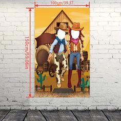 an image of two people in cowboy outfits standing next to each other on a white brick wall