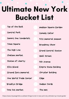 the ultimate new york bucket list is shown in pink with white polka dots on it