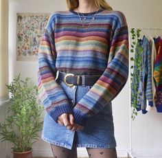 Trippy Clothes, 80s Inspired Outfits, Rainbow Print, Blue Sweatshirt, Pullover Designs, Western Dresses, Vintage Bohemian, Round Collar, Aqua Blue