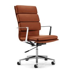 a brown office chair with chrome frame and leather upholstered seat, viewed from the front