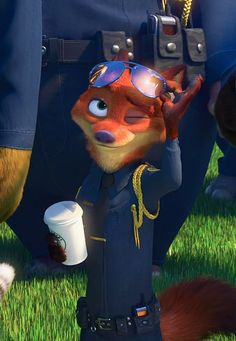 an animated character is standing in the grass next to police officers and holding a cup