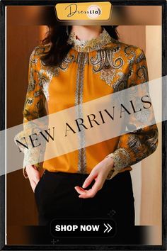 Back to School Outfit Fashion Printed Silk Shirt Women's Spring New Temperament High-end Embroidered Shirt Stand-up Collar Long-sleeved Top Elegant Yellow Long Sleeve Shirt, Elegant Long Sleeve Yellow Shirt, Elegant Long Sleeve Embroidered Shirt, Embroidered Stand Collar Top For Fall, Fall Embroidered Top With Stand Collar, Fall Floral Embroidery Tops With Stand Collar, Elegant Embroidered Shirt For Fall, Elegant Embroidered Fall Shirt, Embroidered Collar Top For Fall