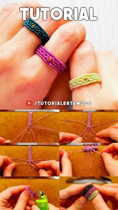 Imágenes con el tejido de un anillo con mostacilla de colores azul, lila y verde, se comparte el tutorial paso a paso. Diy Macrame Tutorial, Crochet Bracelet Pattern, Macrame Knots Pattern, Crochet Beaded Bracelets, Diy Bracelets Tutorials, Bracelet Craft Diy