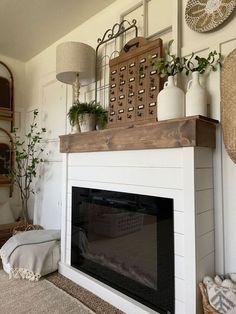 a living room with a fire place and potted plants on top of the mantel