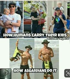 a man holding a baby in his arms and two pictures of him with the caption how humans carry their kids