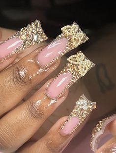 Cute Blinged Out Acrylic Nails, White And Gold Outfits Black Women, Blue And Gold Outfits Classy, Gold Diamond Nails Acrylic, Hood Prom 2023, Good Prom Nails, Unique Birthday Nails, Gold Birthday Nails Acrylic, Prom Sendoff Decoration Ideas