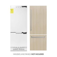 two refrigerators side by side and one has a yellow sticker on the door