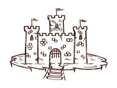 a drawing of a castle with flags on it